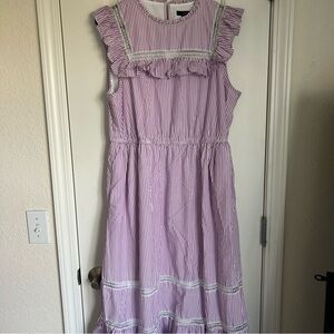 J. Crew Tiered Ruffle Dress Stripe Purple White Size Lined Midi Women’s Medium